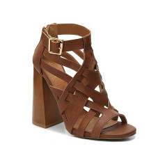 Sandale maro cu toc gros si curele impletite