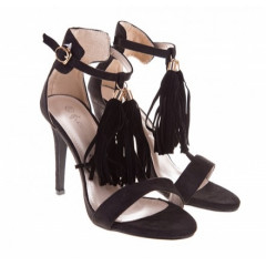 Sandale elegante, negre, cu franjuri si toc subtire