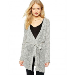 Cardigan dama tricotat casual lung cu cordon gri-deschis