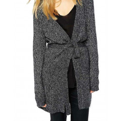 Cardigan dama casual lung cu cordon gri petrol (negru cu picouri albe)