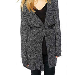 Cardigan dama casual lung cu cordon gri petrol (negru cu picouri albe)