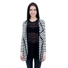 Cardigan asimetric alb cu dungi orizontale negre pentru dama