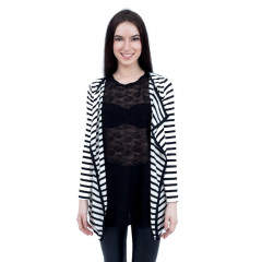 Cardigan asimetric alb cu dungi orizontale negre pentru dama