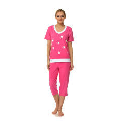 Pijama ciclam din bumbac cu imprimeu margarete