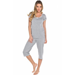 Pijama lunga gri cu puncte albe