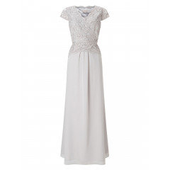 Rochie lunga rafinata, de culoare gri-deschis, cu bust din dantela