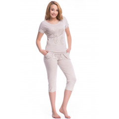 Pijama de culoare bej, din bumbac, cu insertii din dantela