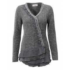 Pulover gri, elegant, cu volanase