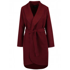 Pardesiu visiniu cu cordon in talie si guler cu revere