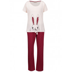 Pijamale crem cu visiniu cu model iepuras