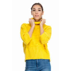 Pulover tricotat gros cu guler inalt - galben viu