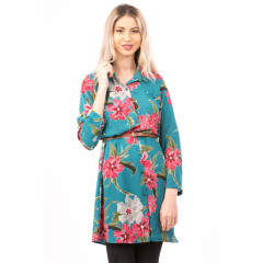 Rochie camasa albastra cu imprimeu floral colorat si perle aplicate