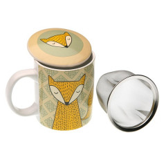 Cana cu sita pentru ceai cu capac, din ceramica, model vulpe