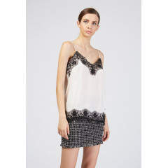 Top alb satinat cu bretele subtiri Motivi si cu borduri din dantela neagra brodata in contrast