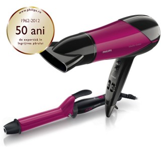Uscator de par Philips SalonDry Control HP8180 + Ondulator de par CurlControl HP8605 (Negru/Roz) [Limited Edition]