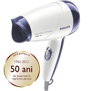 Uscator de par Philips SalonDry Compact HP8103/00, Putere 1400W, 2 trepte de viteza, Cablu 1,80 metri (Alb / Mov)