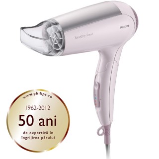 Uscator de par Philips SalonDry Travel HP4940/00, Putere 1400W, 3 trepte de viteza, Cablu 1,80 metri, Cool Shot (Roz / Gri)