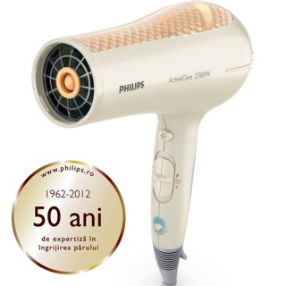 Uscator de par Philips ActiveCare HP8270/00, Putere 2300W, 6 trepte de viteza si temperatura, Cablu 2,50 metri, Buton de aer rece, Senzor TempPrecision (Alb / Auriu)