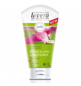 Balsam de par bio cu extract de trandafir ulei de macadamia keratina vegetala si ulei de avocado pentru parul uscat si deteriorat Lavera 150 ml