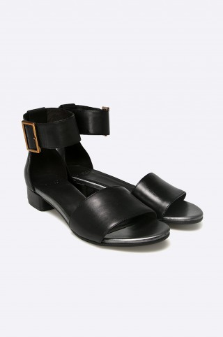 Sandale negreu cu toc mic, patrat, din piele naturala