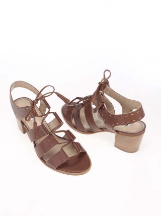 Sandale maro din pilele cu toc si siret