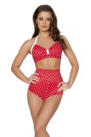 Costum de baie rosu cu buline model vintage