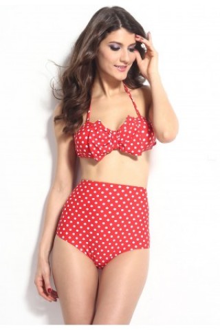 Costum de baie vintage cu buline si fundite