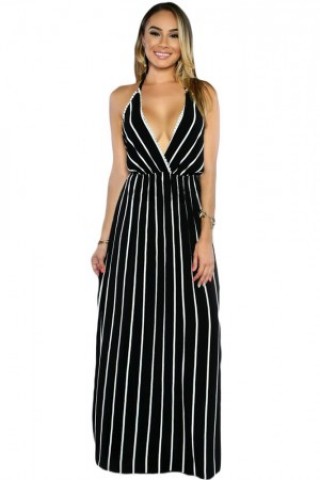 Rochie de plaja maxi cu dungi si spatele gol