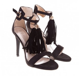 Sandale elegante, negre, cu franjuri si toc subtire