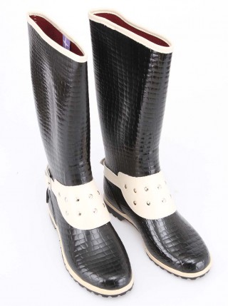 Cizme de dama din cauciuc, lungi, negre cu aplicatii decorative crem