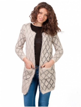Cardigan dama lung Fluffy With Pockets Cream
