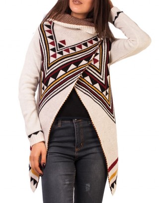 Cardigan tricotat asimetric in colturi cu imprimeu etnic aztec