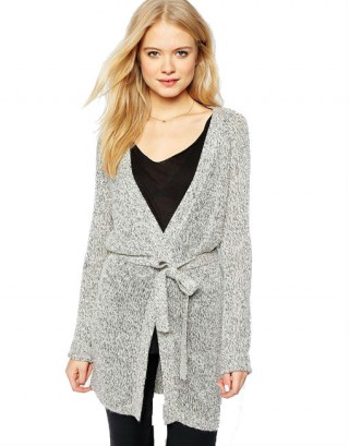 Cardigan dama tricotat casual lung cu cordon gri-deschis