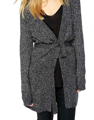 Cardigan dama casual lung cu cordon gri petrol (negru cu picouri albe)