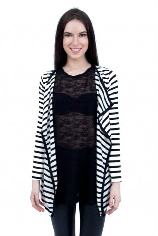 Cardigan asimetric alb cu dungi orizontale negre pentru dama