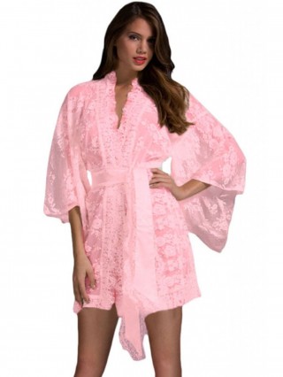 Halat din dantela roz cu maneci evazate