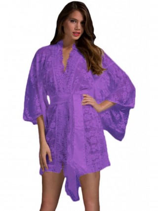 Halat de baie din dantela mov cu maneci evazate