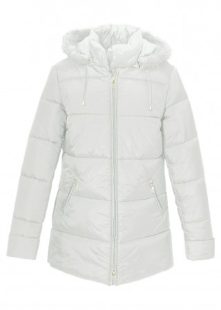Geaca alba cu gluga pufoasa