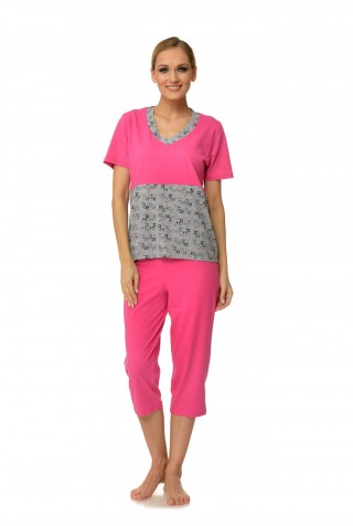 Pijama ciclam cu gri din bumbac cu imprimeu vacute