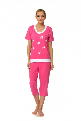 Pijama ciclam din bumbac cu imprimeu margarete
