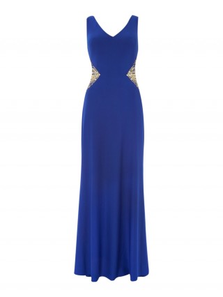 Rochie lunga eleganta, de culoare albastra, cu insertii stralucitoare