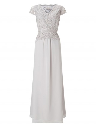 Rochie lunga rafinata, de culoare gri-deschis, cu bust din dantela