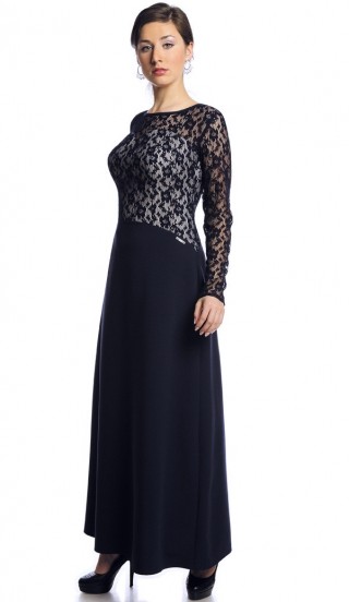 Rochie lunga de seara, bleumarin, cu dantela