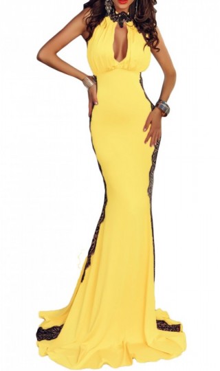 Rochie de seara galbena cu dantela neagra