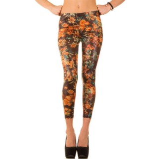 Colanti moderni, de culoare maro, cu imprimeu floral in nuante de portocaliu