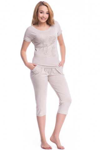 Pijama de culoare bej, din bumbac, cu insertii din dantela