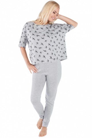 Pijamale lungi gri cu pasari imprimate