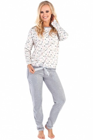 Pijamale lungi, gri cu alb, cu imprimeu floral