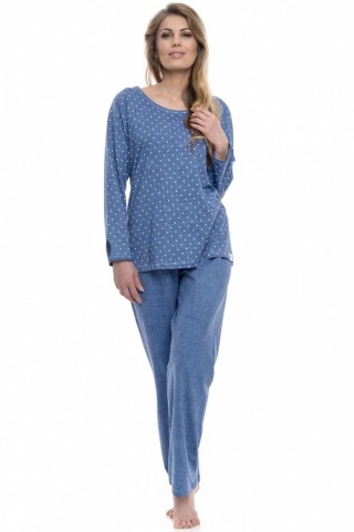 Pijamale lungi, albastru denim, cu imprimeu