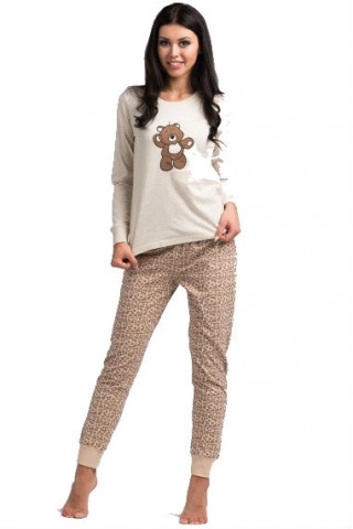 Pijamale lungi, crem, cu ursulet imprimat